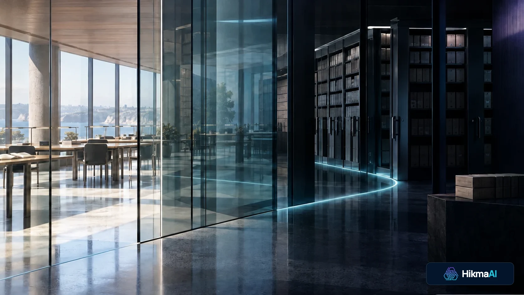 An illuminated path approaches a secure government data portal.
