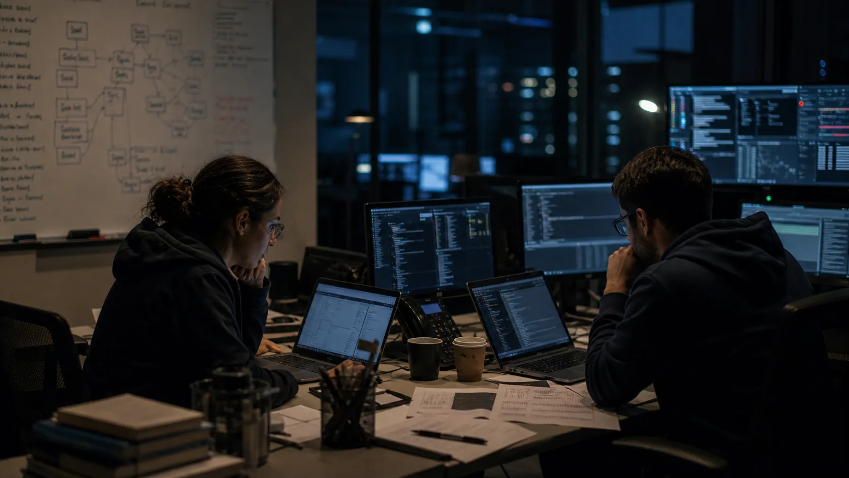 Ingegneri che analizzano l'inventario delle dipendenze durante una sessione notturna di incident response.