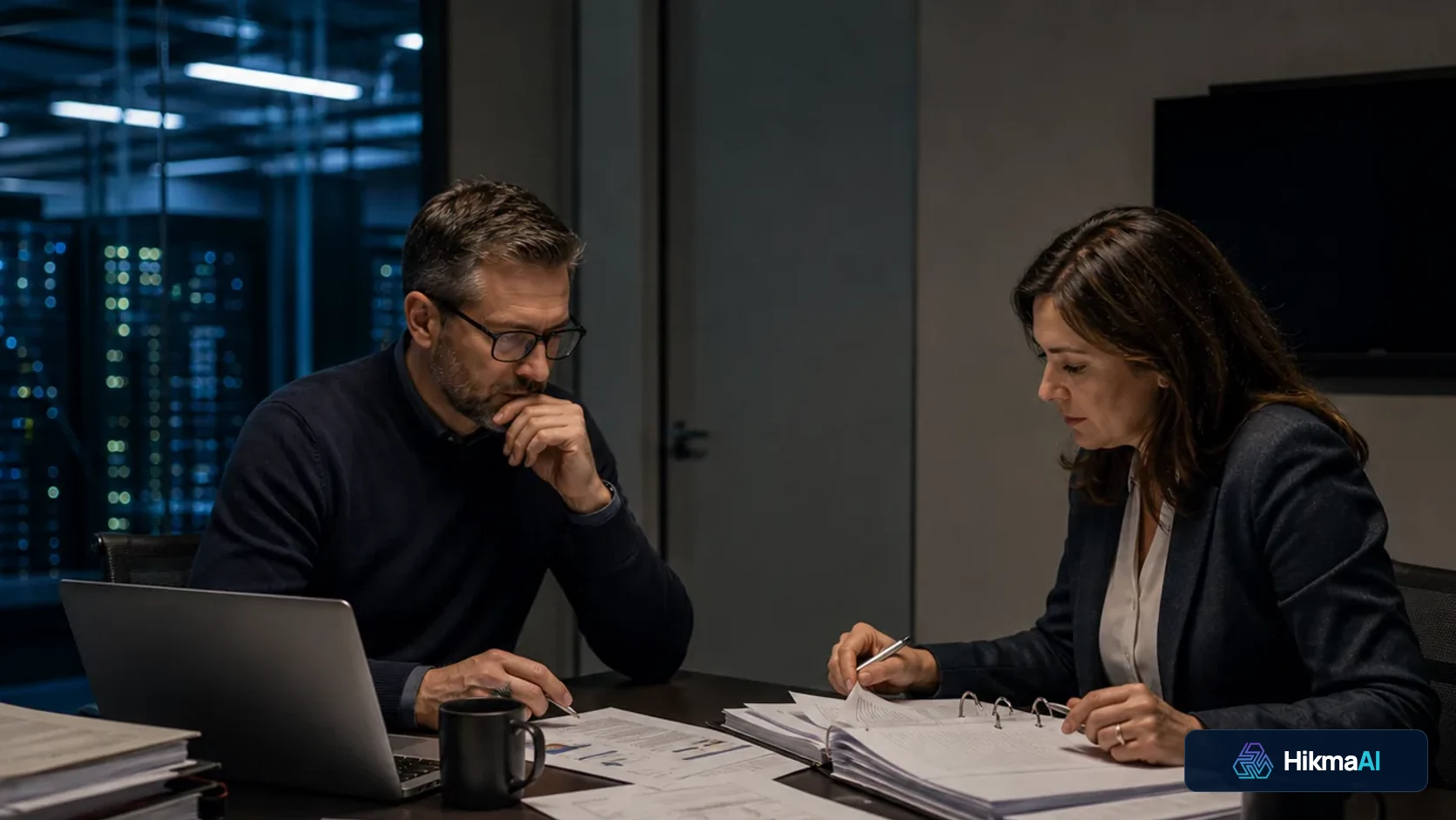 Professionisti di conformità e sicurezza che preparano materiali di audit in una sala riunioni.