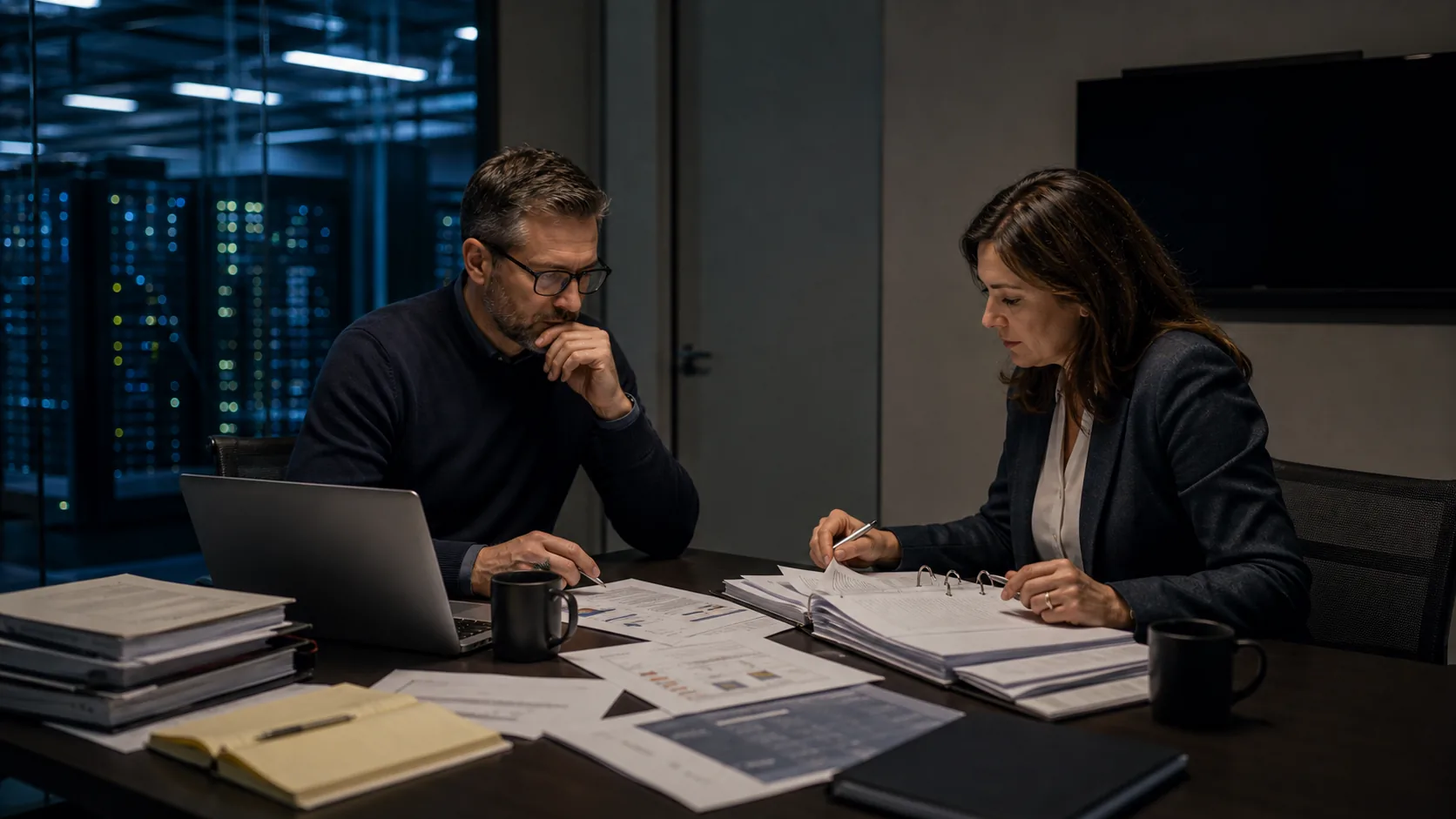 Professionisti di conformità e sicurezza che preparano materiali di audit in una sala riunioni.